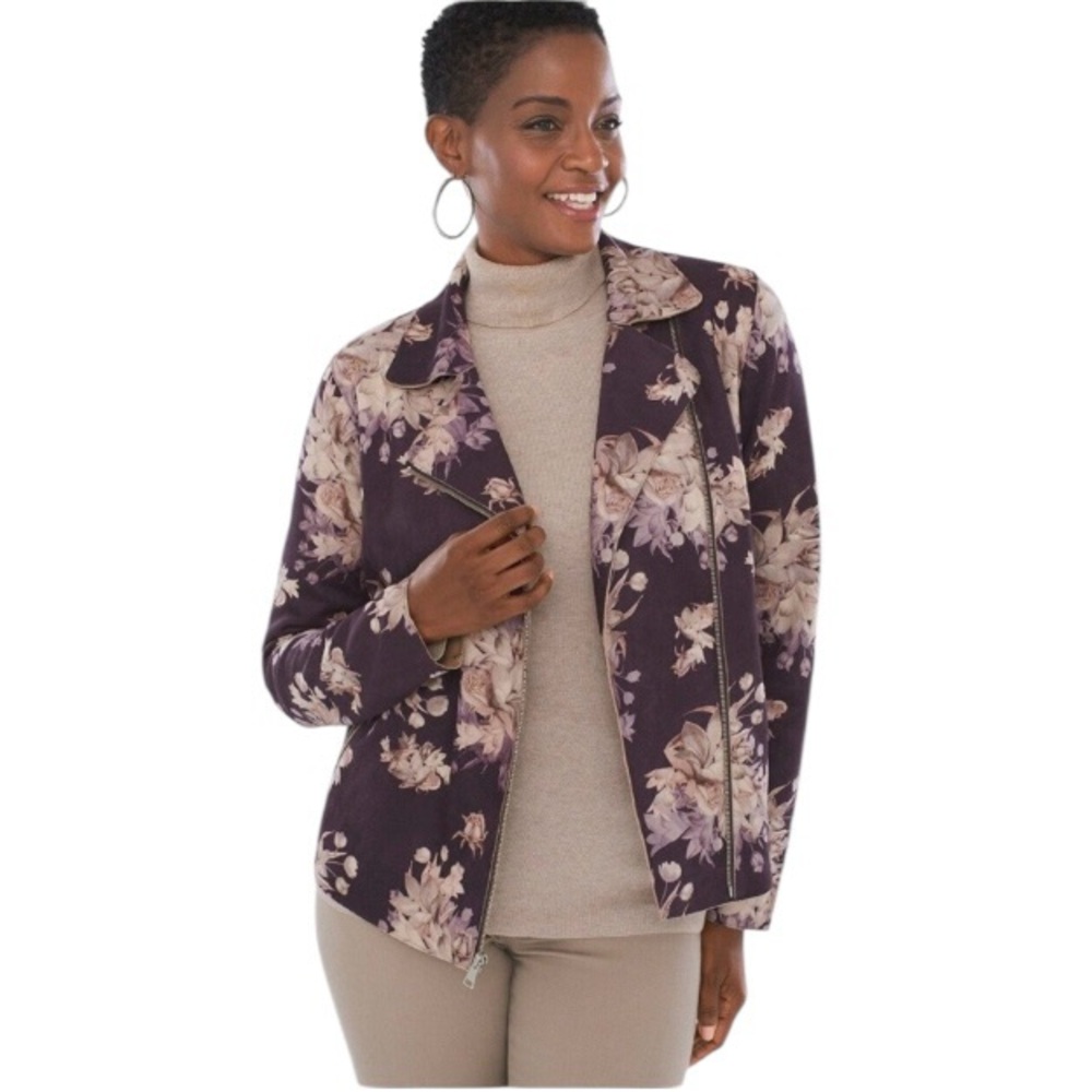 Chico's 2 (12-16) Women’s Large Faux Suede Purple & Pink Floral Moto Zip Jacket